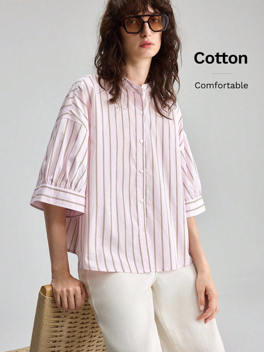 Ontre Summer Casual Pink Stripe Blouse, Vacation Round Neck Single-Breasted 3/4 Sleeve Top, Premium Comfortable Daily