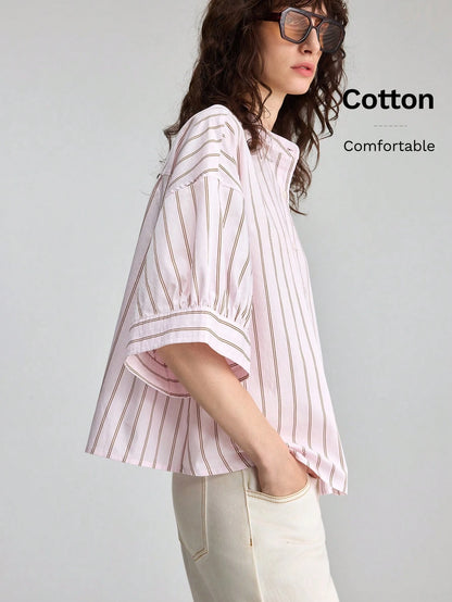 Ontre Summer Casual Pink Stripe Blouse, Vacation Round Neck Single-Breasted 3/4 Sleeve Top, Premium Comfortable Daily