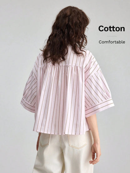 Ontre Summer Casual Pink Stripe Blouse, Vacation Round Neck Single-Breasted 3/4 Sleeve Top, Premium Comfortable Daily
