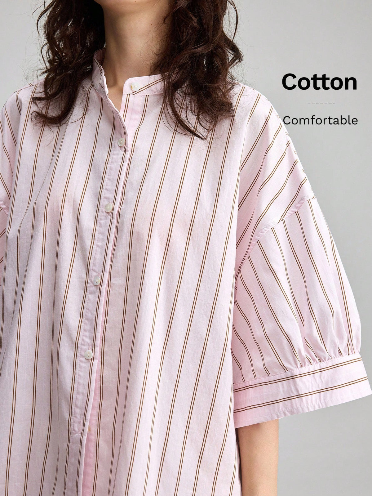 Ontre Summer Casual Pink Stripe Blouse, Vacation Round Neck Single-Breasted 3/4 Sleeve Top, Premium Comfortable Daily