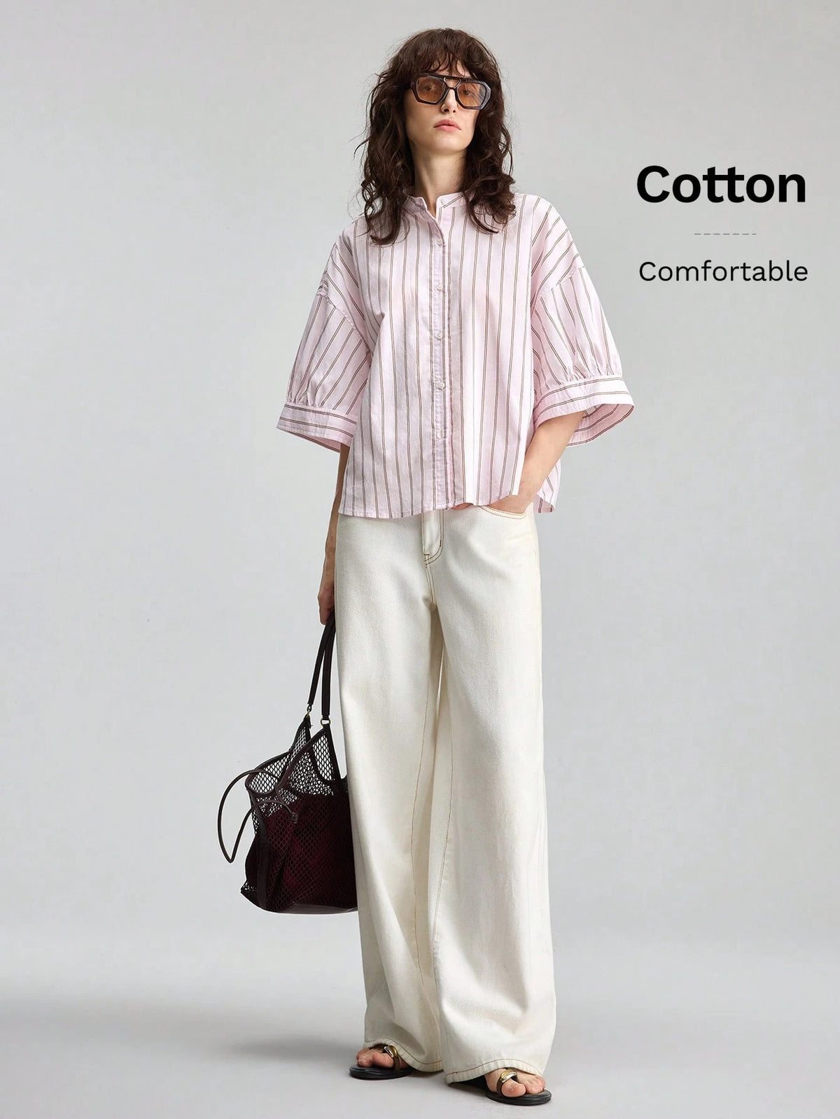 Ontre Summer Casual Pink Stripe Blouse, Vacation Round Neck Single-Breasted 3/4 Sleeve Top, Premium Comfortable Daily