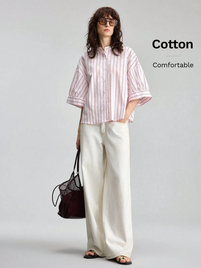 Ontre Summer Casual Pink Stripe Blouse, Vacation Round Neck Single-Breasted 3/4 Sleeve Top, Premium Comfortable Daily