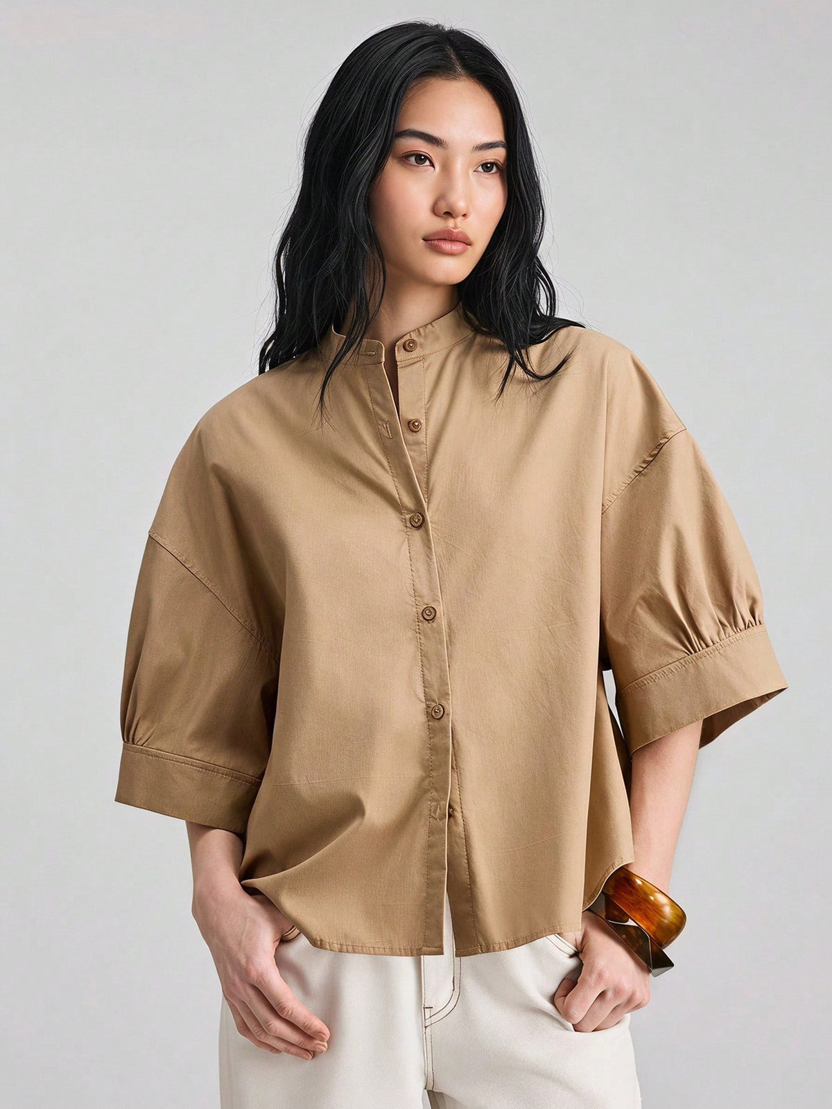 Ontre Summer Casual Pink Stripe Blouse, Vacation Round Neck Single-Breasted 3/4 Sleeve Top, Premium Comfortable Daily