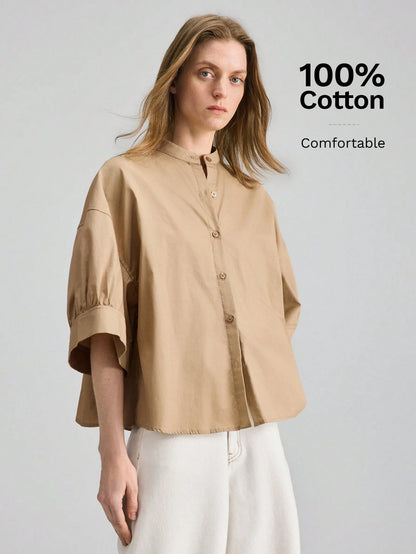 Ontre Summer Casual Pink Stripe Blouse, Vacation Round Neck Single-Breasted 3/4 Sleeve Top, Premium Comfortable Daily