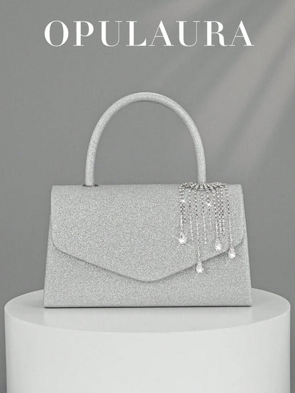 OpulAura Women's Fashion Sparkling Tassel Crystal Water Drop Decor Evening Handbag, Elegant Clutch Purse For Formal Dress, Suitable For Romantic Wedding, Formal Party, Prom, Cocktail, Comes With Detac
