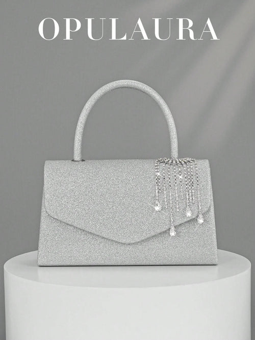 OpulAura Women's Fashion Sparkling Tassel Crystal Water Drop Decor Evening Handbag, Elegant Clutch Purse For Formal Dress, Suitable For Romantic Wedding, Formal Party, Prom, Cocktail, Comes With Detac