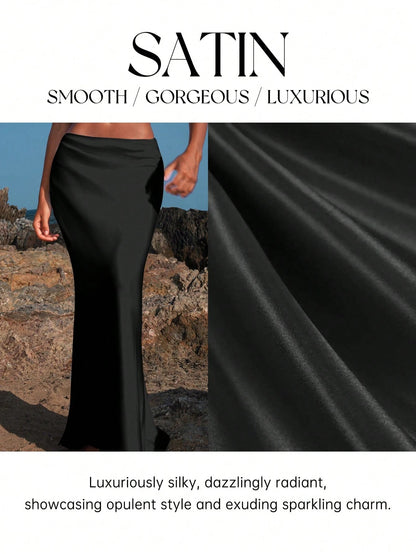 Opulessa Black Fall And Winter Elegant Solid Color Woven High Waist Mermaid Hem Skirt For Women,Business Casual Office,Summer Classy Party Club Outfits