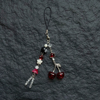 Original Design Dark Princess Style Y2K Style Burgundy Red Cherry Pendant Phone Lanyard Handmade Beaded Black Eight Crystal Beaded Phone Lanyard Phone Charm Phone Decoration Small Pendant Small Decora