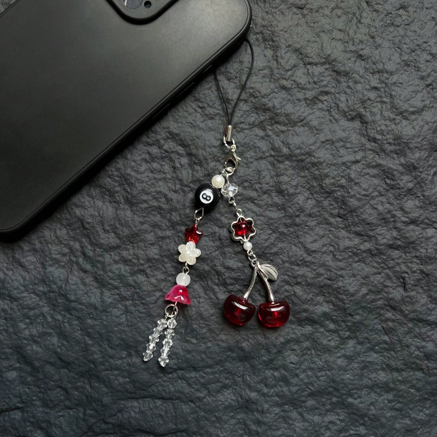 Original Design Dark Princess Style Y2K Style Burgundy Red Cherry Pendant Phone Lanyard Handmade Beaded Black Eight Crystal Beaded Phone Lanyard Phone Charm Phone Decoration Small Pendant Small Decora
