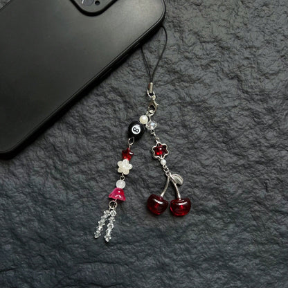 Original Design Dark Princess Style Y2K Style Burgundy Red Cherry Pendant Phone Lanyard Handmade Beaded Black Eight Crystal Beaded Phone Lanyard Phone Charm Phone Decoration Small Pendant Small Decora