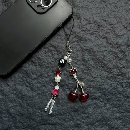 Original Design Dark Princess Style Y2K Style Burgundy Red Cherry Pendant Phone Lanyard Handmade Beaded Black Eight Crystal Beaded Phone Lanyard Phone Charm Phone Decoration Small Pendant Small Decora