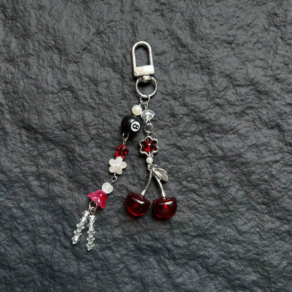 Original Design Dark Princess Style Y2K Style Burgundy Red Cherry Pendant Phone Lanyard Handmade Beaded Black Eight Crystal Beaded Phone Lanyard Phone Charm Phone Decoration Small Pendant Small Decora