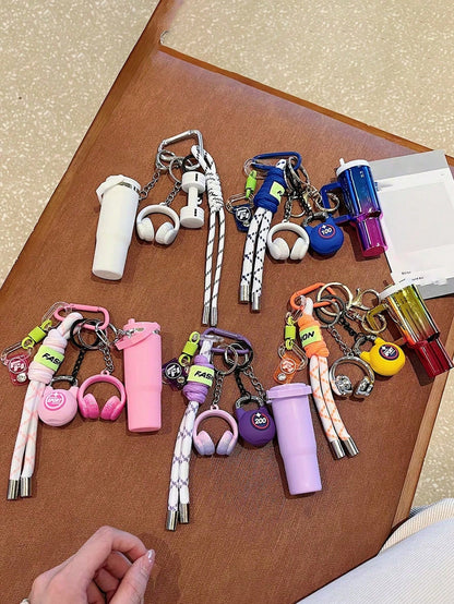 [Original Handmade] Mini Water Bottle Keychain, Braided Rope Keychain/Wrist Accessory, 3D Earphone Accessory, Car Key Anti-Loss Chain, Exquisite Girls Earphone Decoration, Women's Summer Charm Bag Pen