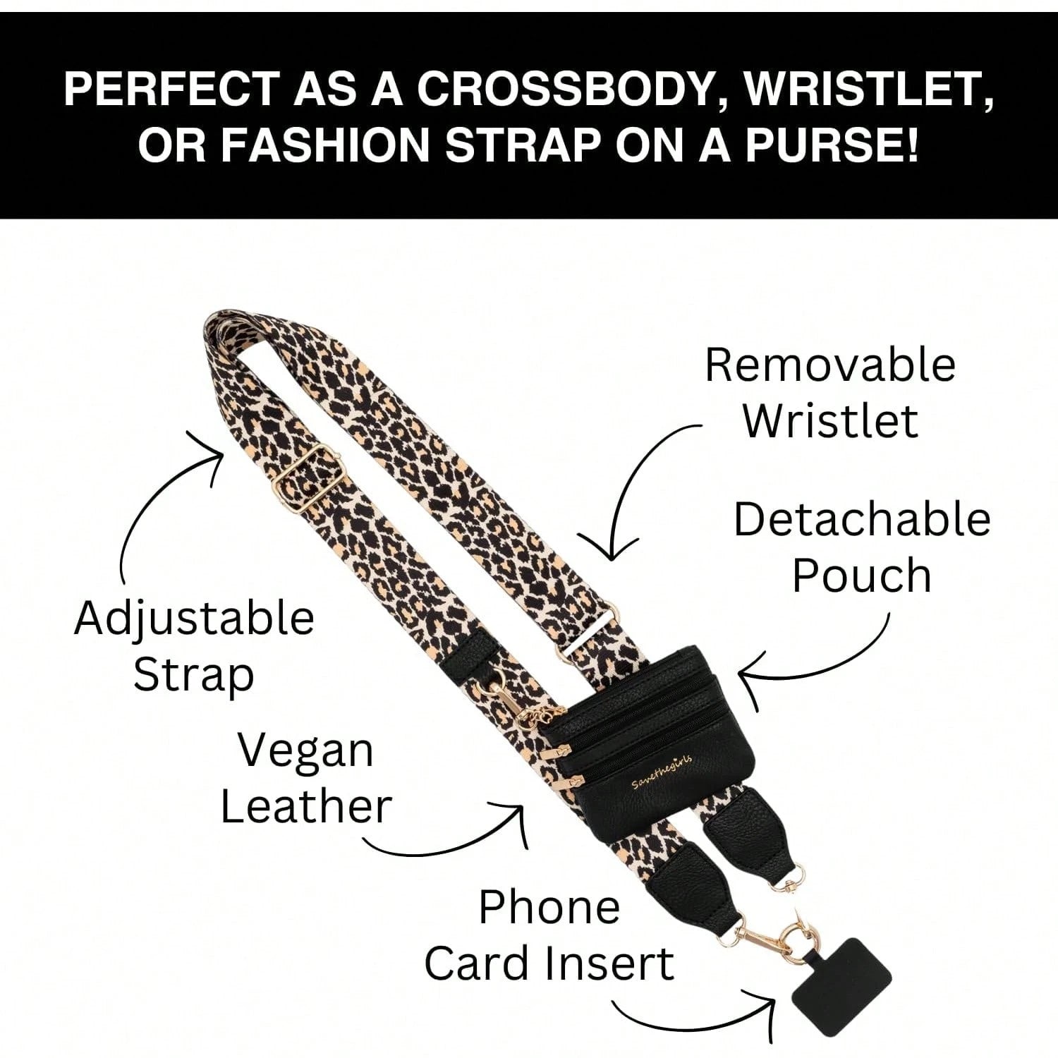 Original Phone Strap (Leopard- Black Pouch) – Crossbody Phone Strap Chain With Zipper Wallet Pouch – Phone Lanyard With Zippered Pouch Compatible With Android And Most Smartphone,Gifts For Mother, Fa