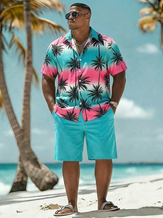 Oro Vacation Plus Size Men's Palm Tree Print Short Sleeve Shirt And Shorts Beach Outfit, Holiday