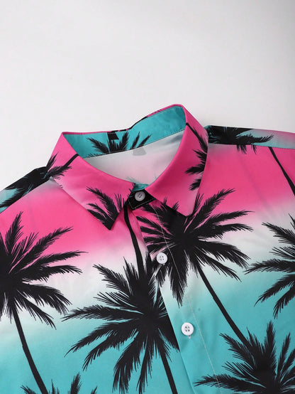 Oro Vacation Plus Size Men's Palm Tree Print Short Sleeve Shirt And Shorts Beach Outfit, Holiday