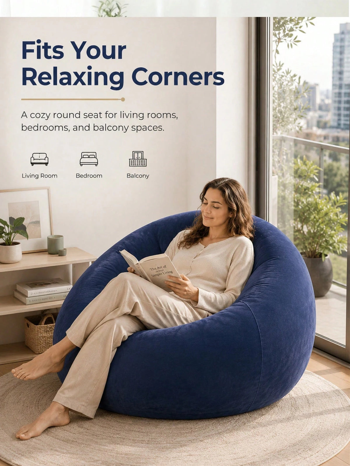 Oversized Inflatable Lazy Sofa Chair, Soft Flocked Round Air Couch With Wide Backrest And Deep Seating, Navy Blue Lounge Chair For Adults Teens, Gaming Room Bedroom Apartment Movie Night Floor Seating