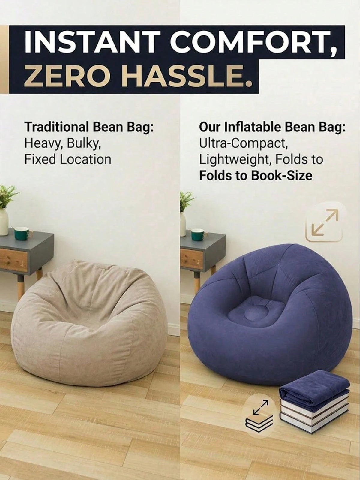Oversized Inflatable Lazy Sofa Chair, Soft Flocked Round Air Couch With Wide Backrest And Deep Seating, Navy Blue Lounge Chair For Adults Teens, Gaming Room Bedroom Apartment Movie Night Floor Seating