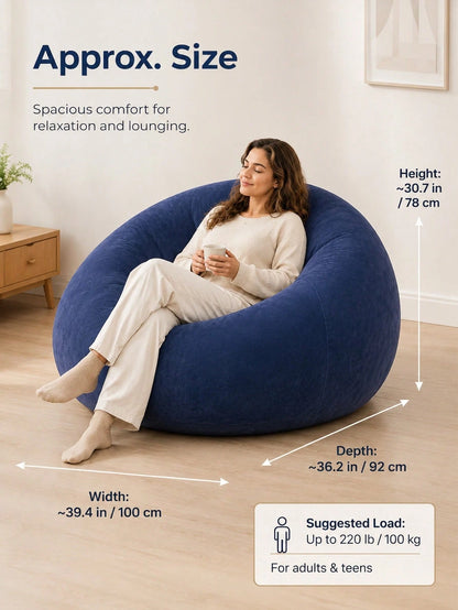 Oversized Inflatable Lazy Sofa Chair, Soft Flocked Round Air Couch With Wide Backrest And Deep Seating, Navy Blue Lounge Chair For Adults Teens, Gaming Room Bedroom Apartment Movie Night Floor Seating