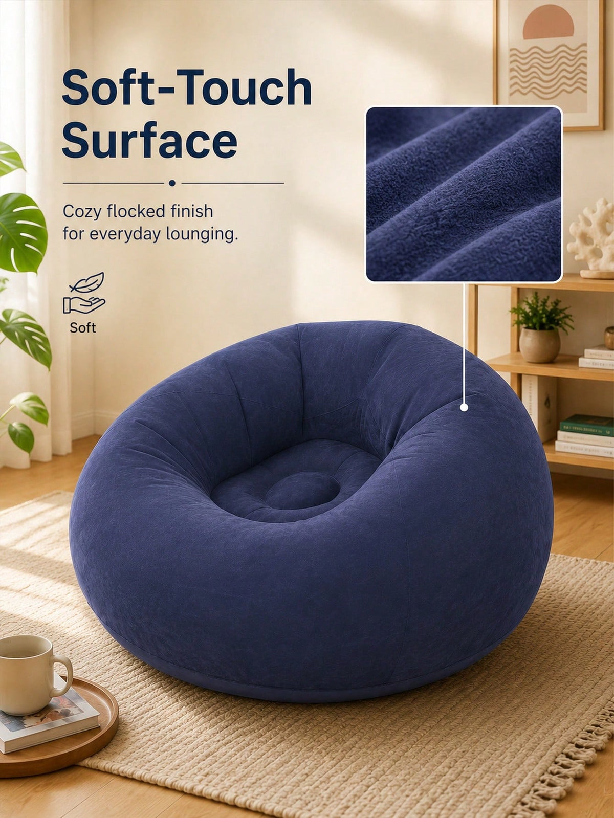Oversized Inflatable Lazy Sofa Chair, Soft Flocked Round Air Couch With Wide Backrest And Deep Seating, Navy Blue Lounge Chair For Adults Teens, Gaming Room Bedroom Apartment Movie Night Floor Seating