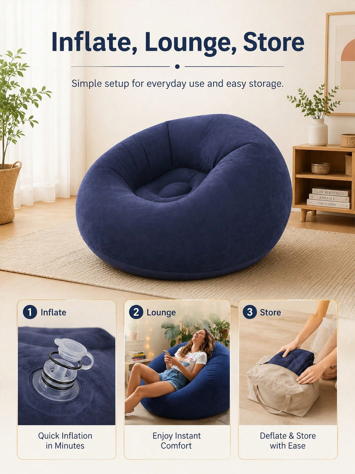 Oversized Inflatable Lazy Sofa Chair, Soft Flocked Round Air Couch With Wide Backrest And Deep Seating, Navy Blue Lounge Chair For Adults Teens, Gaming Room Bedroom Apartment Movie Night Floor Seating