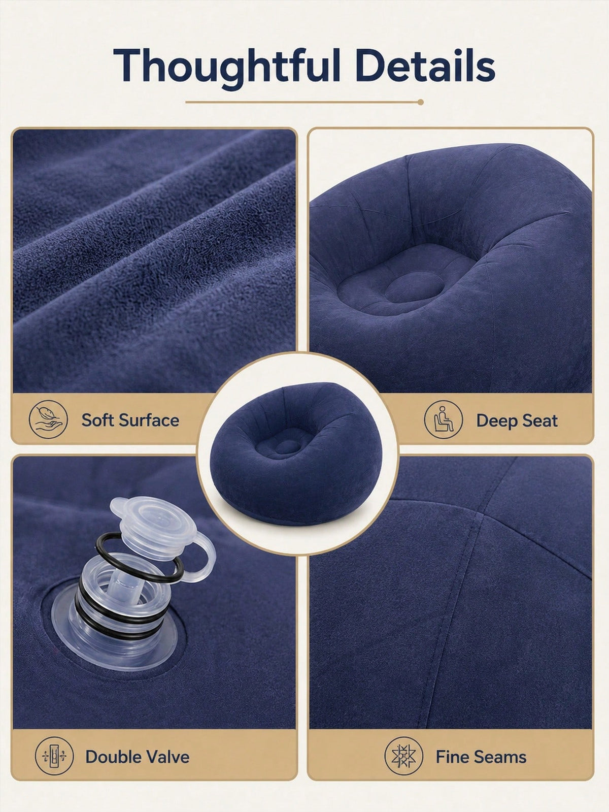 Oversized Inflatable Lazy Sofa Chair, Soft Flocked Round Air Couch With Wide Backrest And Deep Seating, Navy Blue Lounge Chair For Adults Teens, Gaming Room Bedroom Apartment Movie Night Floor Seating