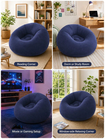 Oversized Inflatable Lazy Sofa Chair, Soft Flocked Round Air Couch With Wide Backrest And Deep Seating, Navy Blue Lounge Chair For Adults Teens, Gaming Room Bedroom Apartment Movie Night Floor Seating