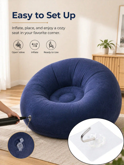 Oversized Inflatable Lazy Sofa Chair, Soft Flocked Round Air Couch With Wide Backrest And Deep Seating, Navy Blue Lounge Chair For Adults Teens, Gaming Room Bedroom Apartment Movie Night Floor Seating