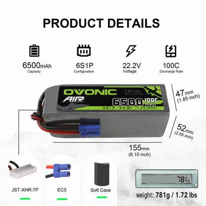 Ovonic 100C 22.2V 6500mAh 6S Lipo Battery with EC5 for 1/7 1/8 Arrma Car & 1/8 Scale RC Airplane Helicopter & Large Multirotors