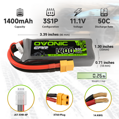 OVONIC 11.1V 1400mAh 50C 3S Lipo Battery with XT60 & Trx Plug for 1/16 scale RC Cars Trucks Crawler RC Hobby