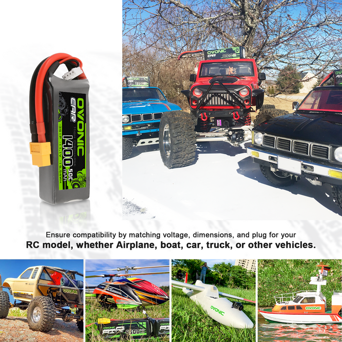 OVONIC 11.1V 1400mAh 50C 3S Lipo Battery with XT60 & Trx Plug for 1/16 scale RC Cars Trucks Crawler RC Hobby