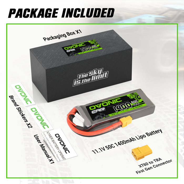 OVONIC 11.1V 1400mAh 50C 3S Lipo Battery with XT60 & Trx Plug for 1/16 scale RC Cars Trucks Crawler RC Hobby