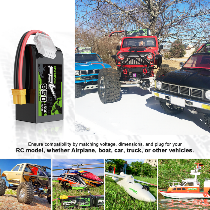 OVONIC 11.1V 150C 850mAh 3S LiPo Battery with XT30 Plug for 3 to 5-inch FPV drones 150 &180 Size Quadcopters