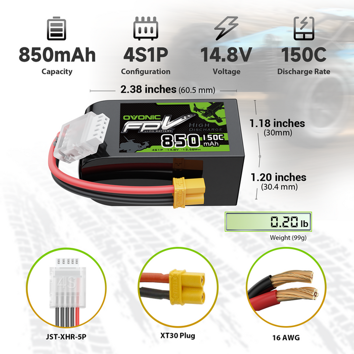 OVONIC 11.1V 150C 850mAh 4S LiPo Battery with XT30 Plug for 4S FPV Cinewhoop & Racing Drones