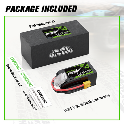 OVONIC 11.1V 150C 850mAh 4S LiPo Battery with XT30 Plug for 4S FPV Cinewhoop & Racing Drones