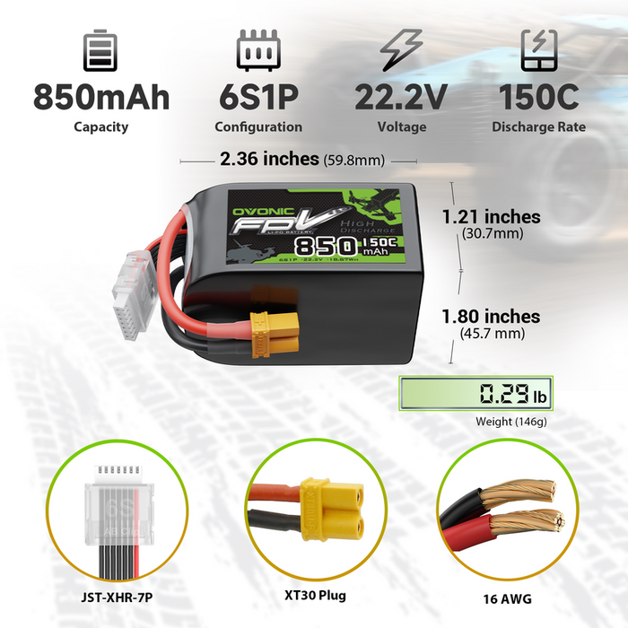 OVONIC 11.1V 150C 850mAh 6S LiPo Battery with XT30 Plug for 90-180mm Brushless FPV Drones Cinelog & Protek25