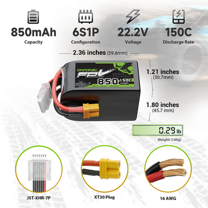 OVONIC 11.1V 150C 850mAh 6S LiPo Battery with XT30 Plug for 90-180mm Brushless FPV Drones Cinelog & Protek25