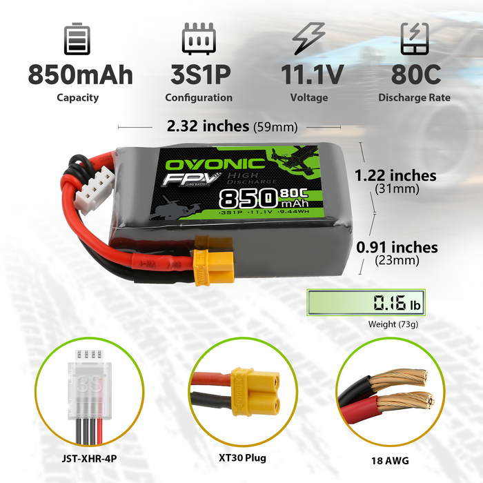 Ovonic 11.1V 850mAh 3S 80C Lipo Battery with XT30 Plug for 150 to 210mm FPV