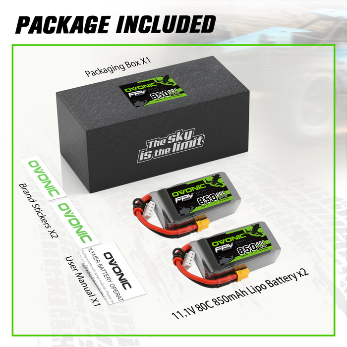 Ovonic 11.1V 850mAh 3S 80C Lipo Battery with XT30 Plug for 150 to 210mm FPV