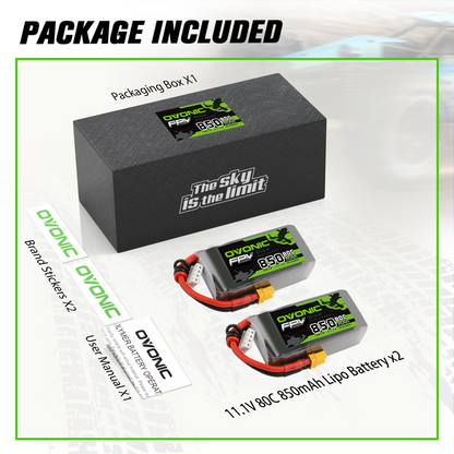 Ovonic 11.1V 850mAh 3S 80C Lipo Battery with XT30 Plug for 150 to 210mm FPV