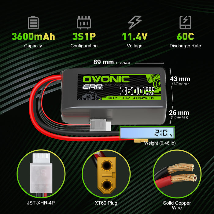 Ovonic 11.1V 3600mAh 60C 3S LiHV Battery with XT60 Plug for 1/10 Rock Crawler