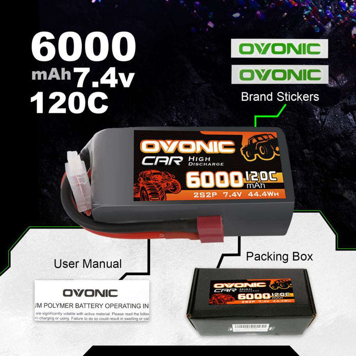 Ovonic 120C 2S2P 6000mAh 7.4V LiPo Battery for RC Car - Deans Plug