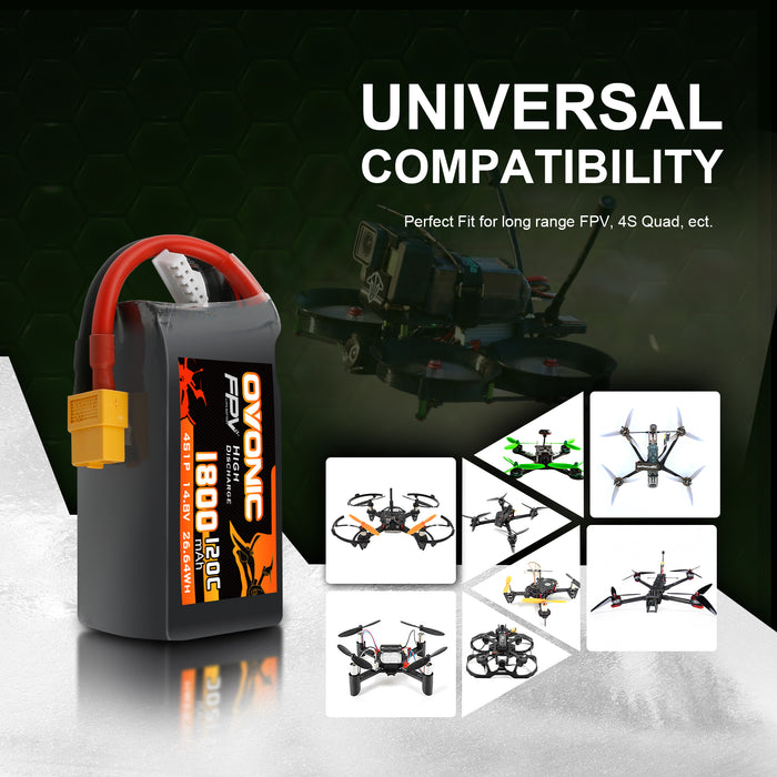 Ovonic 120C 4S 1800mAh 14.8V LiPo Battery Pack for FPV Racing with XT60 Plug for 5-6 inch Racing Drones Freestyle Long-Range FPV