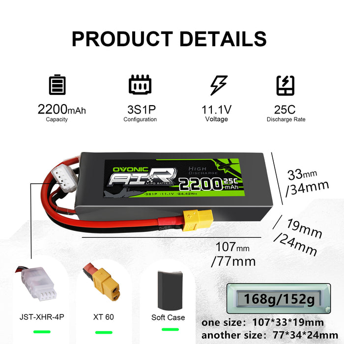 Ovonic 2200mAh 25C 3S1P 11.1V Lipo Battery with XT60 for Freewing Dynam Flamethrowers