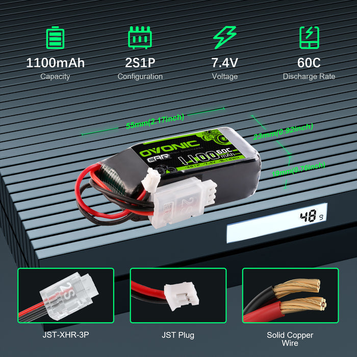Ovonic 2S 1100mAh 60C 7.4V LiPo Battery w/JSTPHR Plug