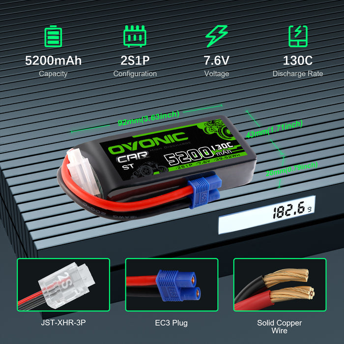 Ovonic 2S 5200mAh 130C 7.6V Shorty LiHV Battery w/EC3 Plug