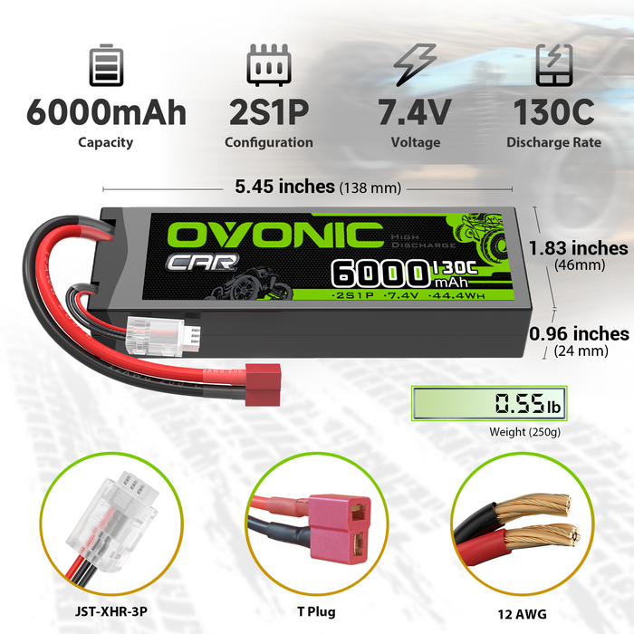 OVONIC 2S 6000mAh 7.4V 130C Hardcase LiPo Battery with Deans Plug