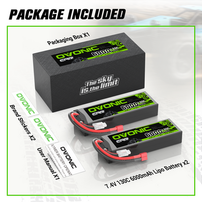 OVONIC 2S 6000mAh 7.4V 130C Hardcase LiPo Battery with Deans Plug for 1/10 Scale RC Car Truck RC Plane