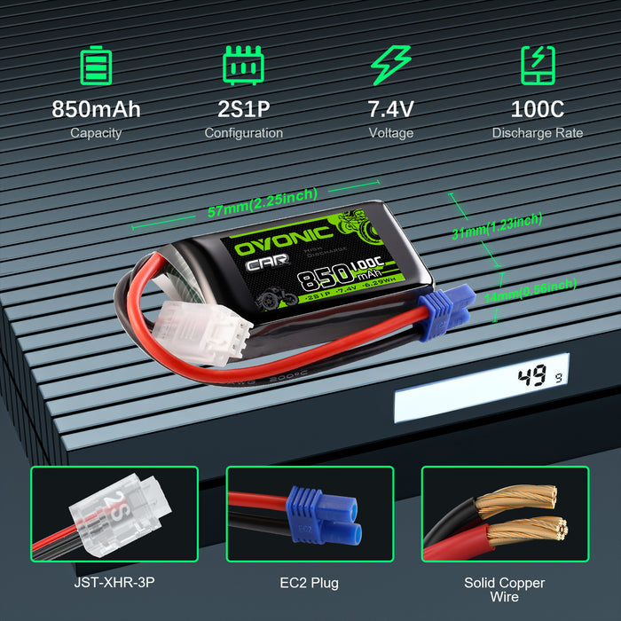 Ovonic 2S 850mAh 100C 7.4V LiPo Battery w/EC2 Plug