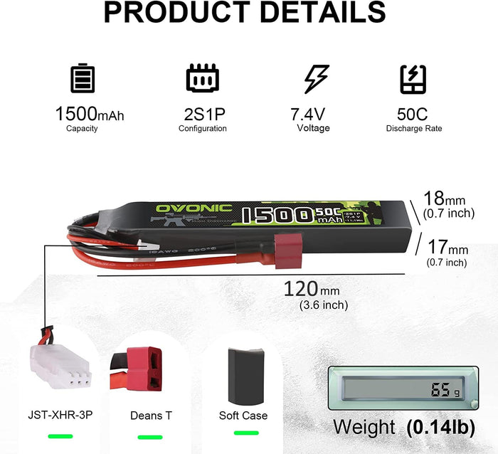 Ovonic 2S Lipo Battery 1500mAh 2S1P 50C 7.4V Airsoft Lipo Battery with T Plug for Airsoft Guns